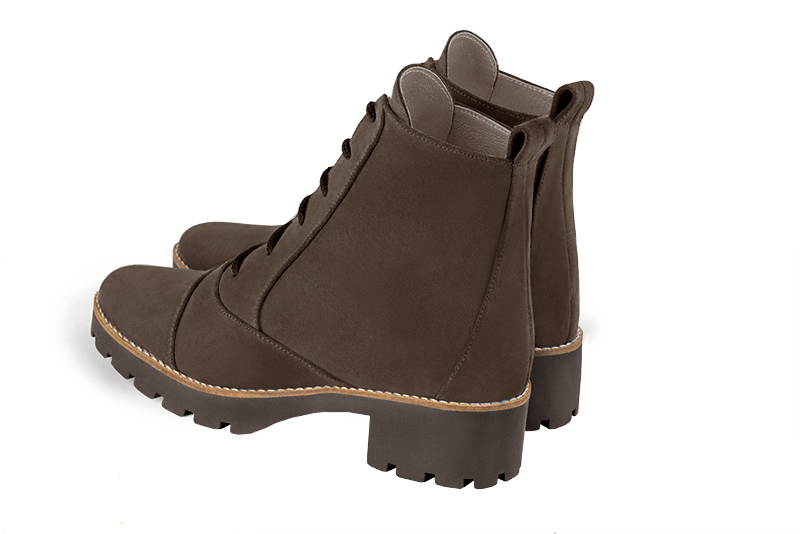 Chocolate brown women's ankle boots with laces at the front. Round toe. Low rubber soles. Rear view - Florence KOOIJMAN